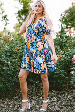 Load image into Gallery viewer, Blue Collared Split Neck Floral Flared Dress | Dresses/Floral Dresses
