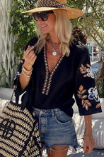 Load image into Gallery viewer, Bohemian Blouse | Black Floral Embroidered V Neck
