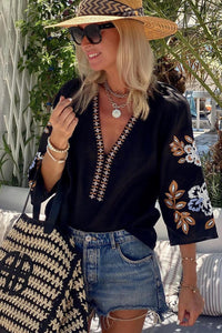 Bohemian Blouse | Black Floral Embroidered V Neck