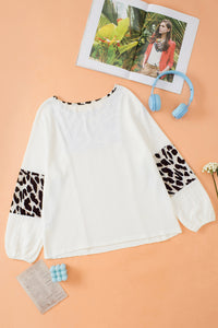 White Leopard Patch Puff Sleeve Textured Blouse | Tops/Blouses & Shirts