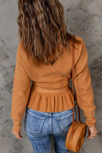 Brown Rib Knit Surplice Neck Belted Peplum Sweater | Tops/Sweaters & Cardigans