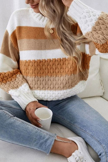 Chestnut Striped Cable Knit Drop Shoulder Sweater | Tops/Sweaters & Cardigans