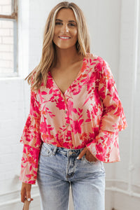 Womens Bodysuit | Pink Floral Print Tiered Bell Long Sleeve Buttoned Bodysuit | Tops/Bodysuits