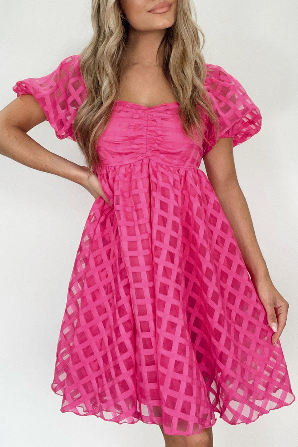 Strawberry Pink Checkered Puff Sleeve Babydoll Dress | Dresses/Mini Dresses