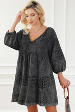 Load image into Gallery viewer, Babydoll Dress | Black Pleated V Neck Puff Sleeve Denim
