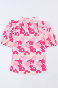 Pink Split Neck Ruffled Puff Sleeves Floral Top | Tops/Tops & Tees