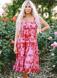 Pink Tie Shoulder Straps Tiered Floral Dress | Dresses/Floral Dresses