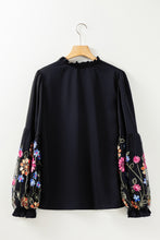 Load image into Gallery viewer, Black Floral Patched Flounce Sleeve Split Neck Blouse | Tops/Blouses &amp; Shirts
