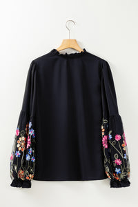 Black Floral Patched Flounce Sleeve Split Neck Blouse | Tops/Blouses & Shirts