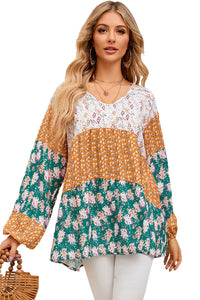 Green Color Block Floral Print Loose Blouse | Tops/Blouses & Shirts