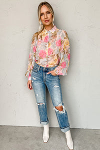 Pink All Floral Puff Sleeve Collared Shirt | Tops/Blouses & Shirts