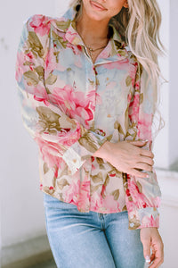 Pink All Floral Puff Sleeve Collared Shirt | Tops/Blouses & Shirts