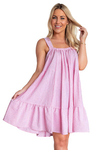 Mini Flared Dress | Pink Stripe Pinstriped Ruffled Hem Dress