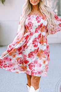 Womens Mini Dress | White Floral Print Smocked Puff Sleeve Mini Dress | Dresses/Floral Dresses