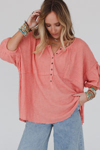 Pink Waffled Bracelet Sleeve Oversized Henley Top | Tops/Blouses & Shirts