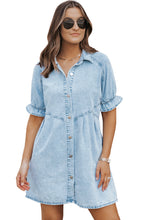 Load image into Gallery viewer, Beau Blue Mineral Wash Ruffled Short Sleeve Buttoned Denim Dress | Dresses/Mini Dresses
