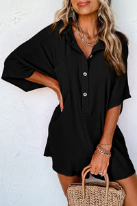 Black Half Button Collared Loose Romper | Bottoms/Jumpsuits & Rompers