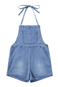 Light Blue Grommet Tie Straps Casual Denim Romper | Bottoms/Jumpsuits & Rompers