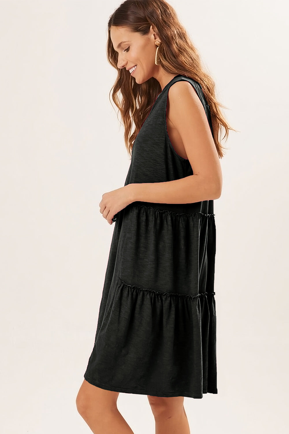 Womens Dress | Black Split V Neck Tiered Flowy Sleeveless Dress | Dresses/Mini Dresses