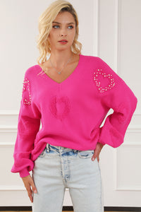 Rose Red Fuzzy Hearts V Neck Sweater