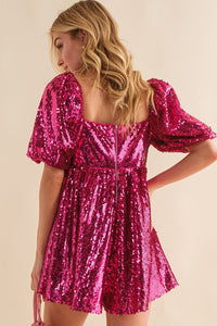 Womens Romper | Rose Red Short Puff Sleeve Sequin Babydoll Romper | Bottoms/Jumpsuits & Rompers