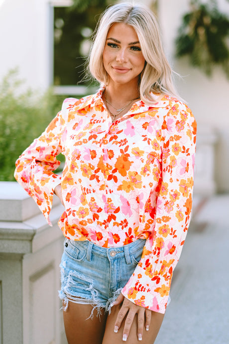 Orange Floral Bishop Sleeve Button Up Shirt | Tops/Blouses & Shirts