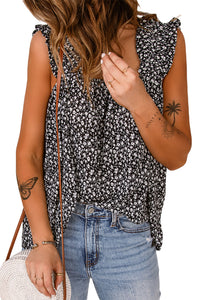 Black Floral Ruffled Straps Flowy Tank Top