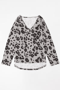 Gray Leopard Split Joint V Neck Long Sleeve Top | Tops/Long Sleeve Tops