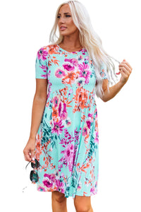 Sky Blue Short Sleeve High Waist Floral T-shirt Dress | Dresses/T Shirt Dresses