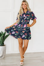 Load image into Gallery viewer, Bubble Sleeve Dress | Black Floral Button Mandarin Collar Dress
