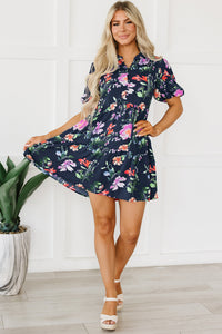 Bubble Sleeve Dress | Black Floral Button Mandarin Collar Dress