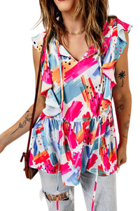 Multicolor Abstract Print V Neck Ruffled Tank | Tops/Tank Tops