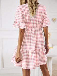 Mini Dress | Plaid Flounce Sleeve Buttoned