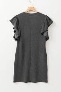 Mini Dress | Black Textured Ruffled Flutter Sleeve Dress