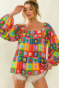 Womens Blouse | Multicolor Floral Crochet Square Neck Puff Sleeve Blouse | Tops/Blouses & Shirts