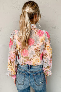 Pink All Floral Puff Sleeve Collared Shirt | Tops/Blouses & Shirts