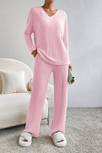 Load image into Gallery viewer, Two Piece Activewear Set | Pink Knit V Neck Slouchy Pants Set
