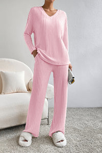 Two Piece Activewear Set | Pink Knit V Neck Slouchy Pants Set