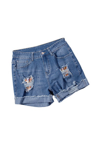 Denim Shorts | Casual Floral Patchwork Rolled Hem