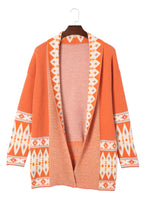 Load image into Gallery viewer, Open Knit Cardigan | Orange Printed Aztec Print Sweater
