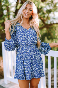 Blue Sky Blue/Blue/Apricot V Neck Lantern Sleeves Floral Tunic Dress | Dresses/Floral Dresses