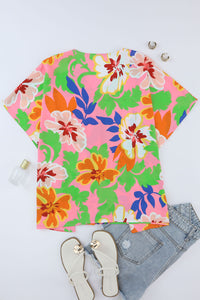 Pink Floral Print Loose Fit V Neck Tunic Blouse | Tops/Blouses & Shirts