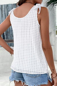 V Neck Tank Top | White Lattice Bow-Knot Shoulder Blouse