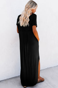 Black V Neck Hidden Pocket Splits Maxi T-shirt Dress | Dresses/T Shirt Dresses