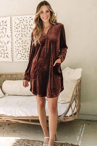 Velvet Mini Dress | Coffee V Neck Two Pockets Shift Dress