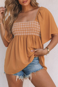 Brown Square Neck Wide Sleeves Flowy Top | Tops/Blouses & Shirts