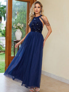 Blue Formal Gown | Backless Halter Neck Sleeveless Dress