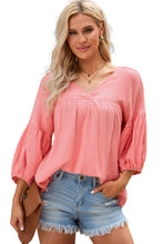 Load image into Gallery viewer, Pink Textured V Neck Bracelet Sleeve Babydoll Blouse | Tops/Blouses &amp; Shirts
