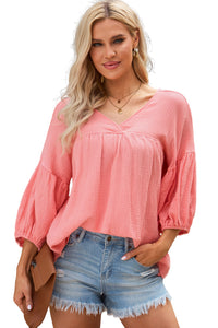 Pink Textured V Neck Bracelet Sleeve Babydoll Blouse | Tops/Blouses & Shirts