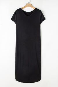 Black V Neck Hidden Pocket Splits Maxi T-shirt Dress | Dresses/T Shirt Dresses